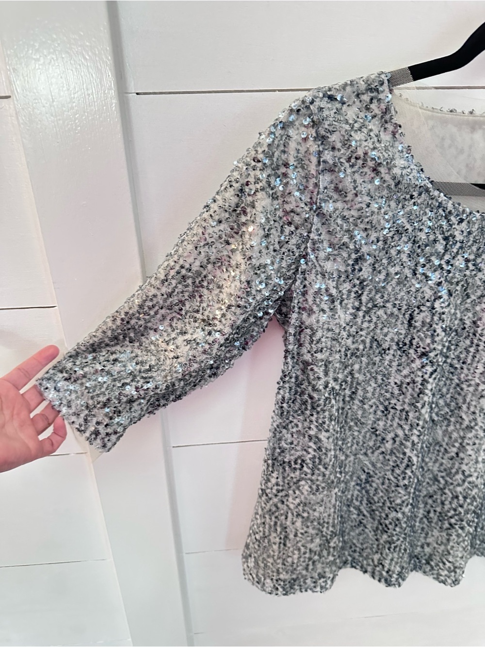 Kische M silver sparkle sequin 3/4 sleeve mesh trim luxe Y2K statement Top - Picture 5 of 10